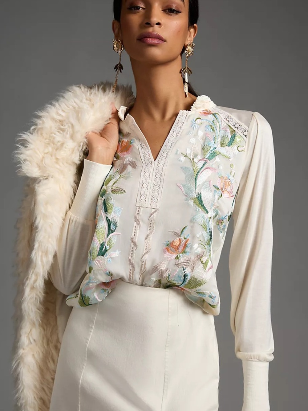 Embroidered Floral Cream Blouse - Elegant Women's Top - Picture 2 of 10
